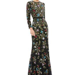 NWOT Mac Duggal 5556 Floral Embellished Long Sleeve Gown Black Sequin Size 10